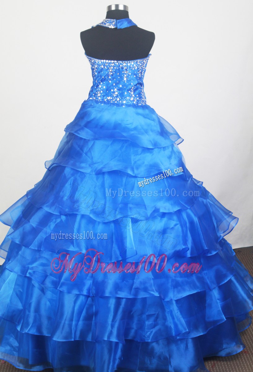 Blue Little Gril Pageant Dress With Ruffled Layered and Beading