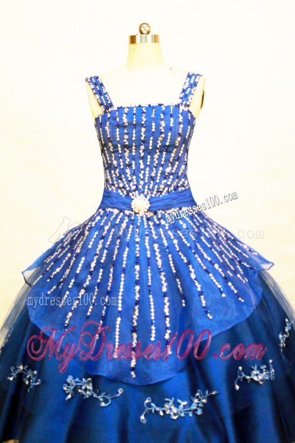 Blue Straps Neckline Flower Girl Pageant Dress With Beaded and Appliques Decorate