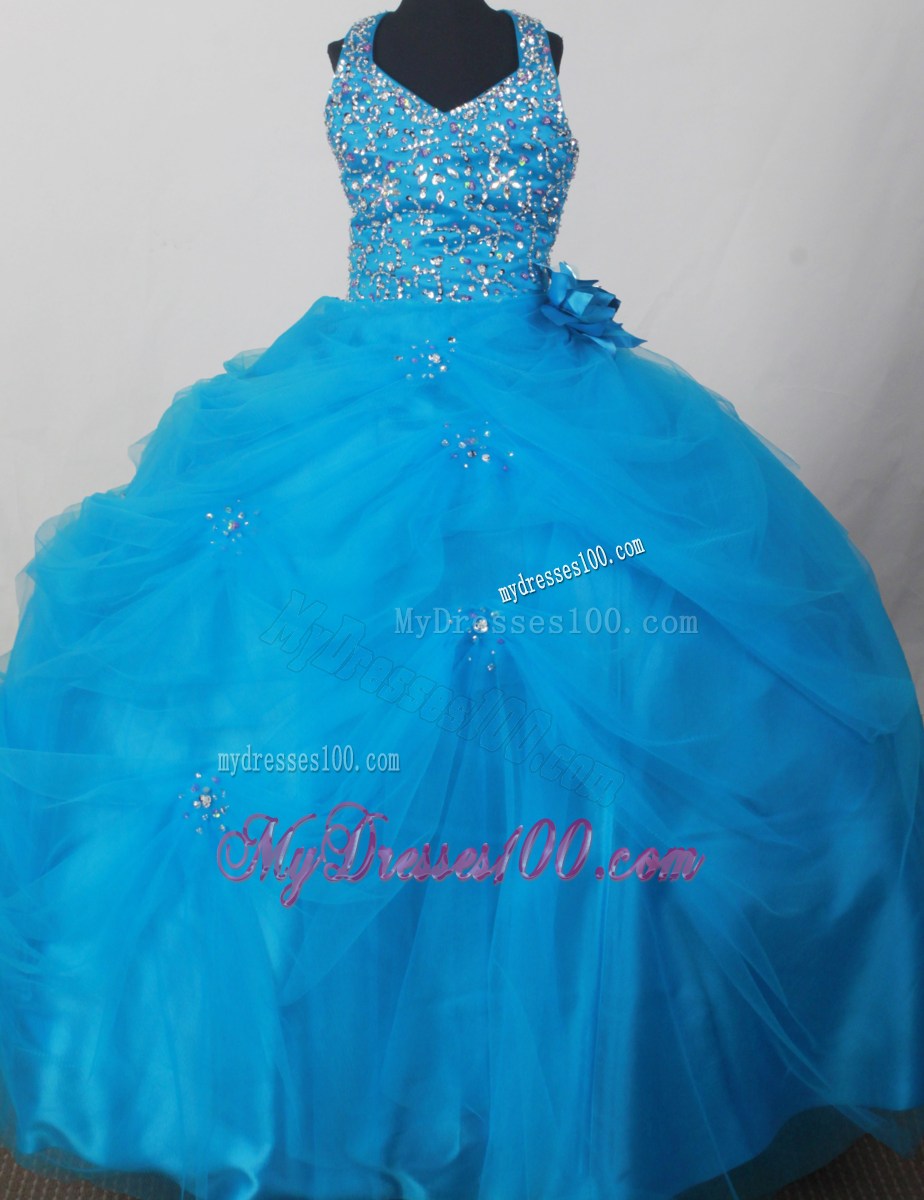Blue Sweet Halter Neckline Flower Girl Pageant Dress With Beaded and Flowers Decorate