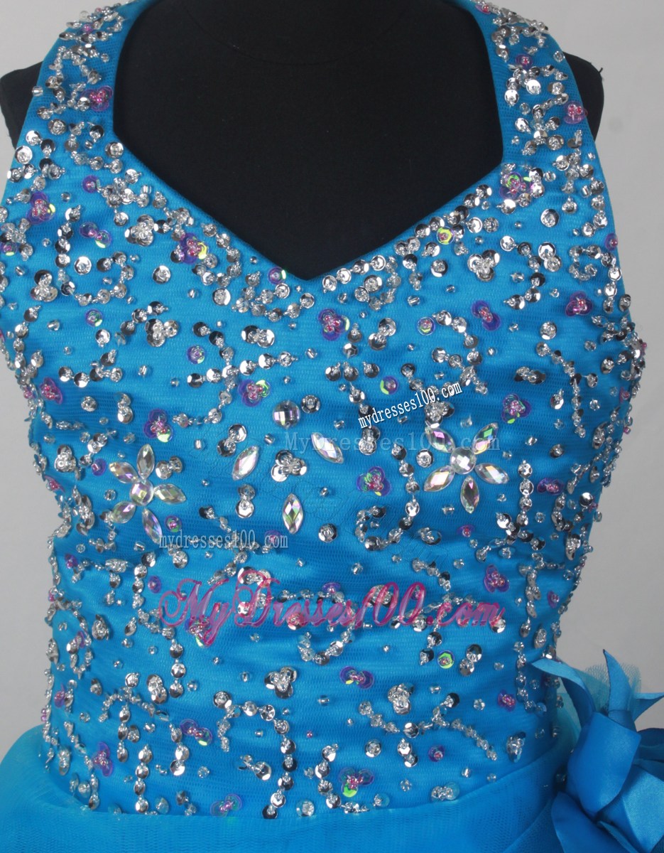 Blue Sweet Halter Neckline Flower Girl Pageant Dress With Beaded and Flowers Decorate