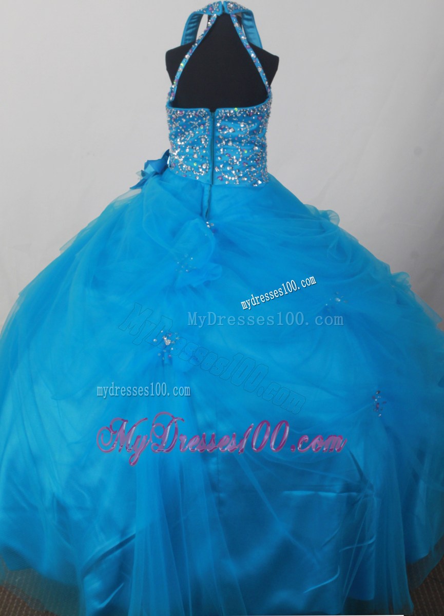 Blue Sweet Halter Neckline Flower Girl Pageant Dress With Beaded and Flowers Decorate