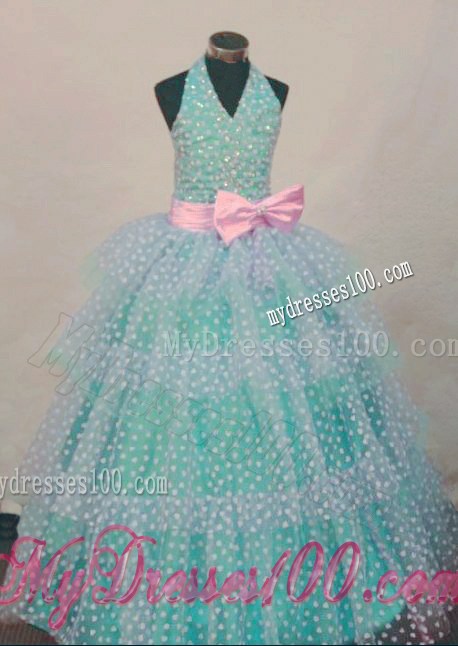 Bowknot Ball Gown Halter Top Turquoise And White Beading Little Girl Pageant Dresses Hottest