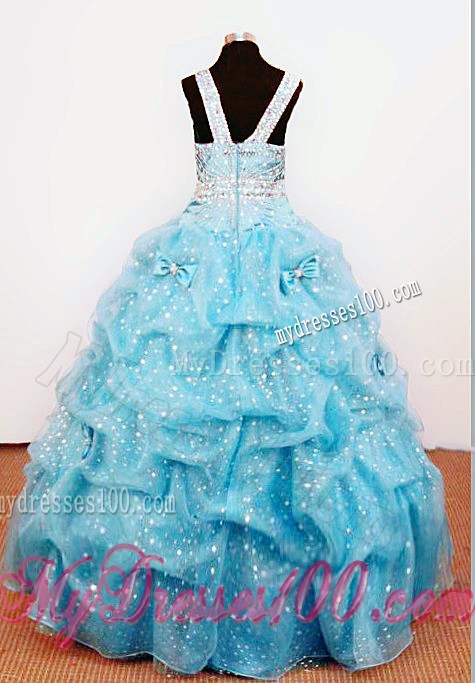 Bowknot Ball Gown Straps Aqua Blue Beading Little Girl Pageant Dresses For Custom Made