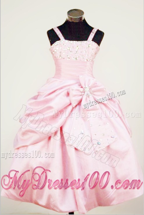 Bow Straps Baby Pink Beading Little Girl Pageant Dress For Custom Made