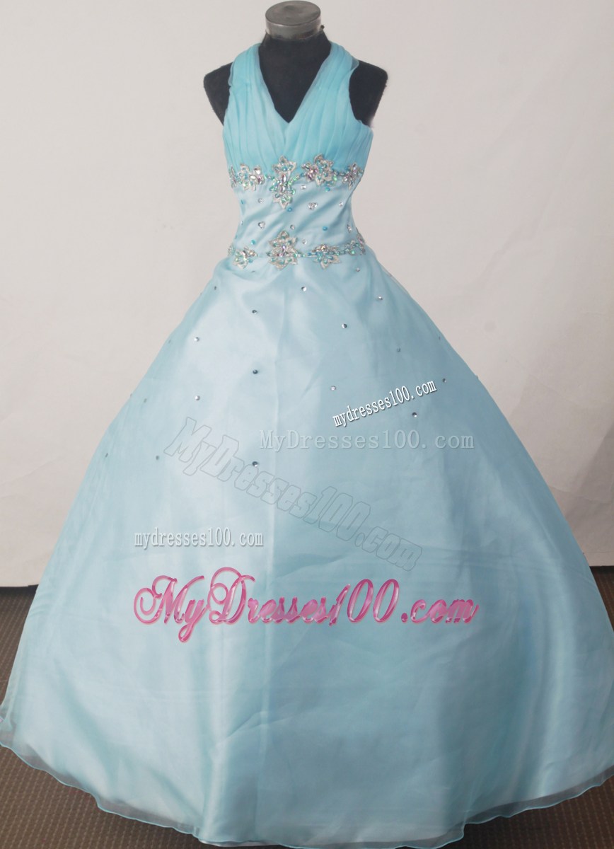 Light blue Halter Floor-length Ball Gown Beading Little Girl Pageant Dress