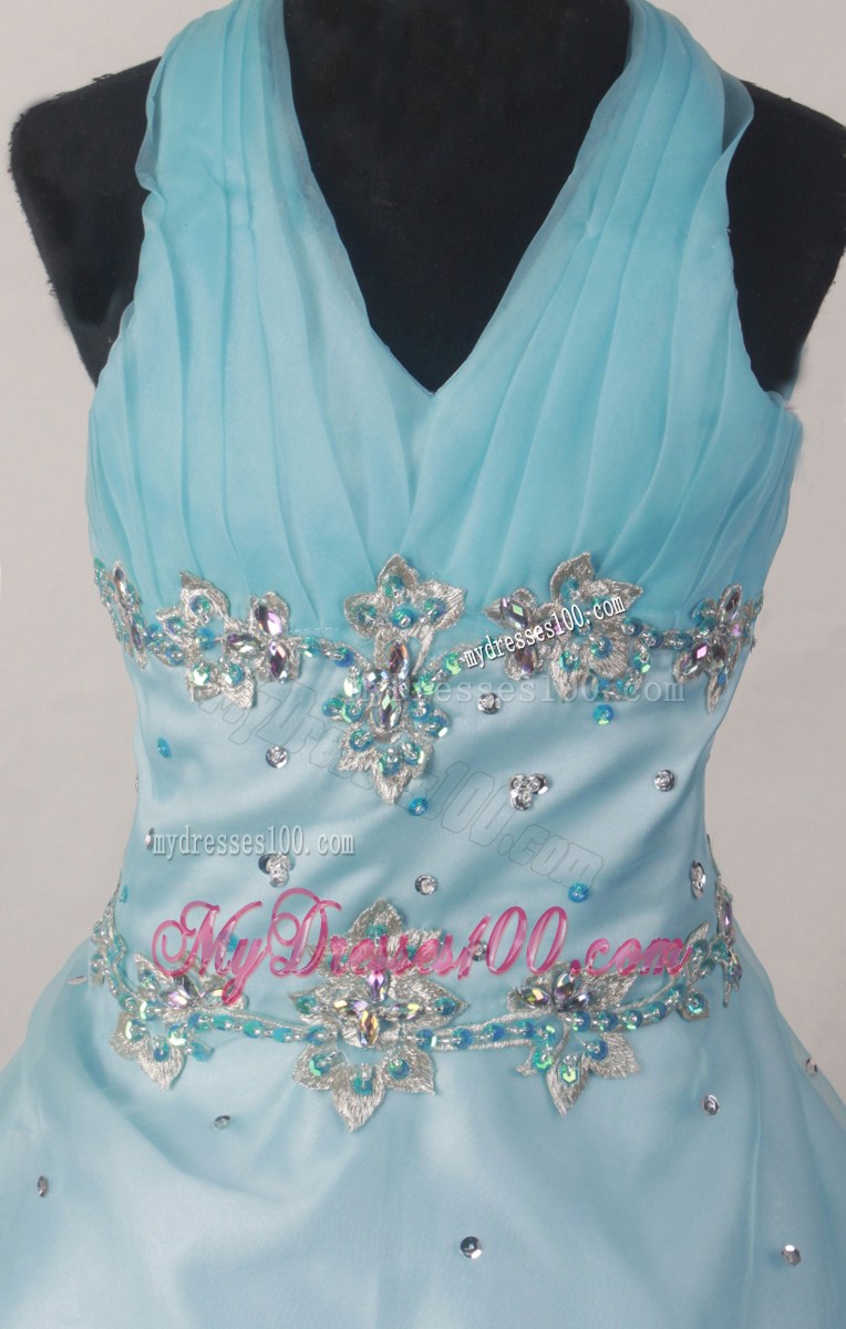 Light blue Halter Floor-length Ball Gown Beading Little Girl Pageant Dress