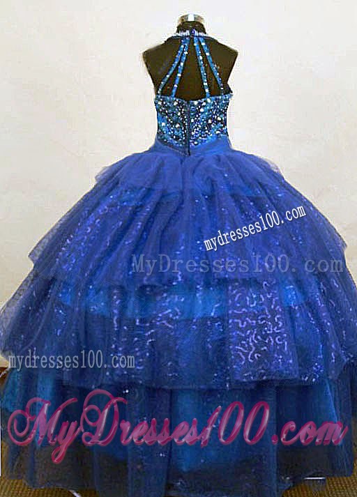 Brand New Beaded Halter Blue Little Girl Pageant Dresses with Beading
