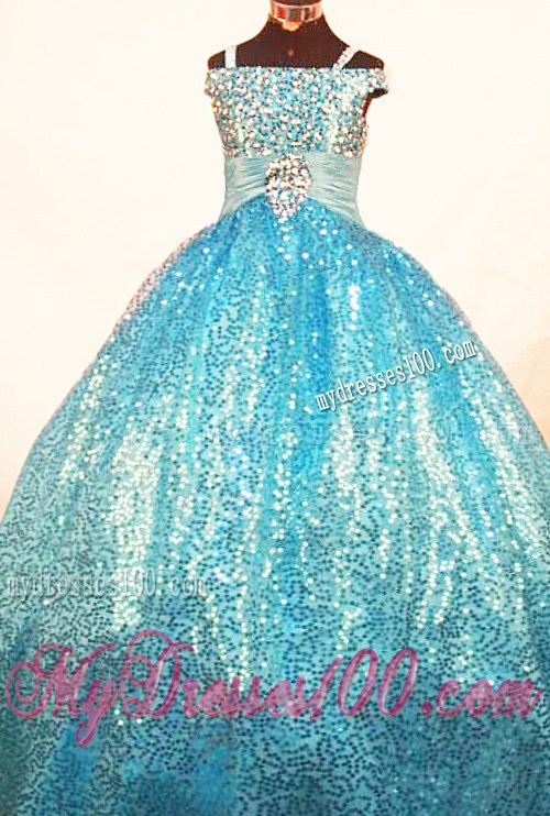 Brand New Paillette Over Skirt Ball Gown Strap Teal Little Girl Pageant Dresses