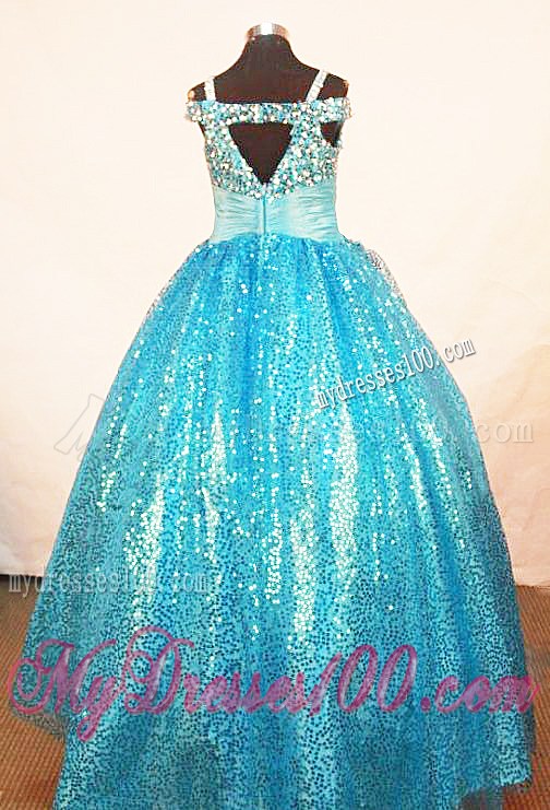Brand New Paillette Over Skirt Ball Gown Strap Teal Little Girl Pageant Dresses