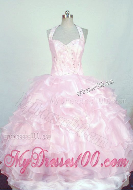 Halter Top Baby pink Beading Little Girl Pageant Dresses With Ruffles