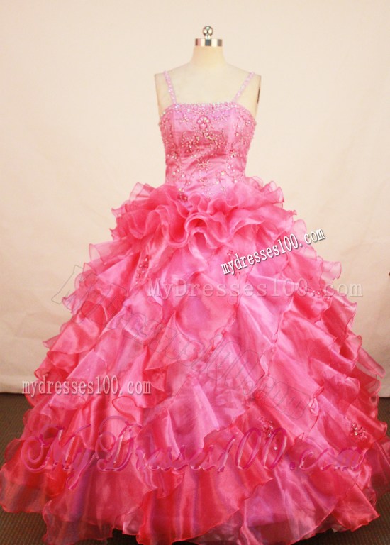 Coral Red Flower Gril Pageant Dress With Beaded and Ruffles Decorate Spaghetti Straps Neckline