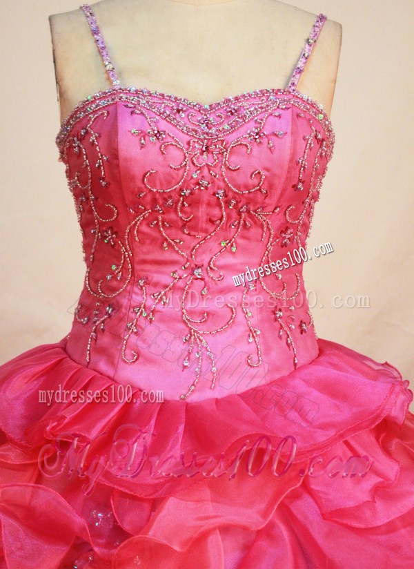 Coral Red Flower Gril Pageant Dress With Beaded and Ruffles Decorate Spaghetti Straps Neckline