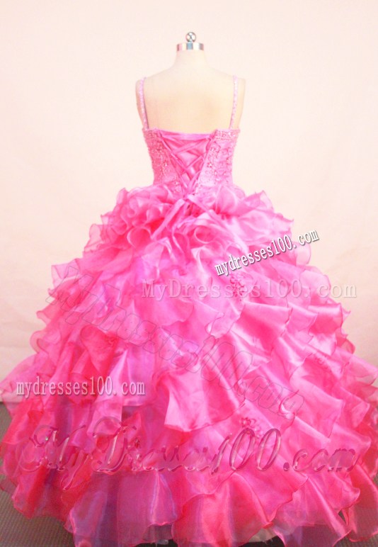 Coral Red Flower Gril Pageant Dress With Beaded and Ruffles Decorate Spaghetti Straps Neckline