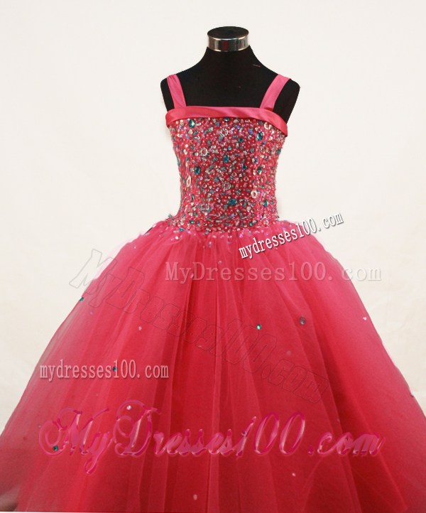 Coral Red Little Girl Pageant Dresses With Beading and Straps