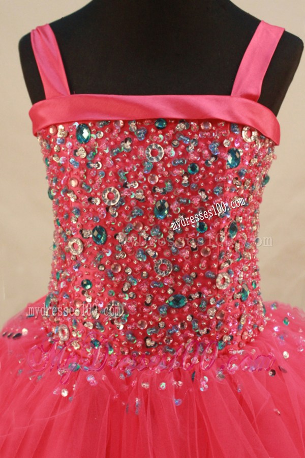 Coral Red Little Girl Pageant Dresses With Beading and Straps