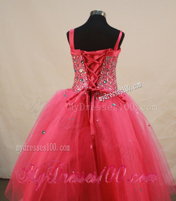 Coral Red Little Girl Pageant Dresses With Beading and Straps