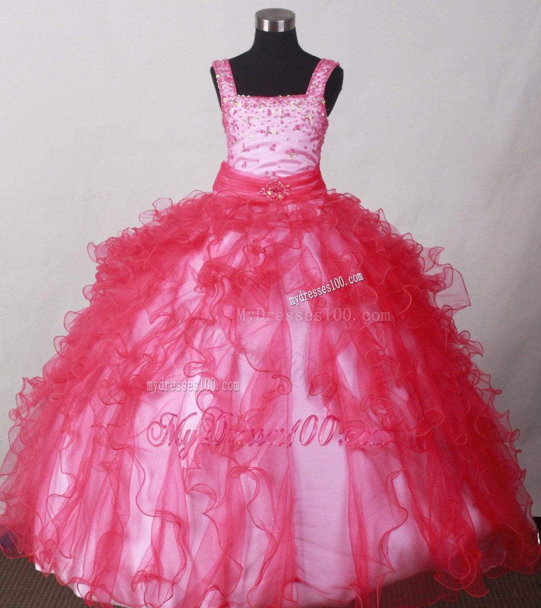 Coral Red Straps Beading Ruffles Organza Little Girl Pageant Dresses