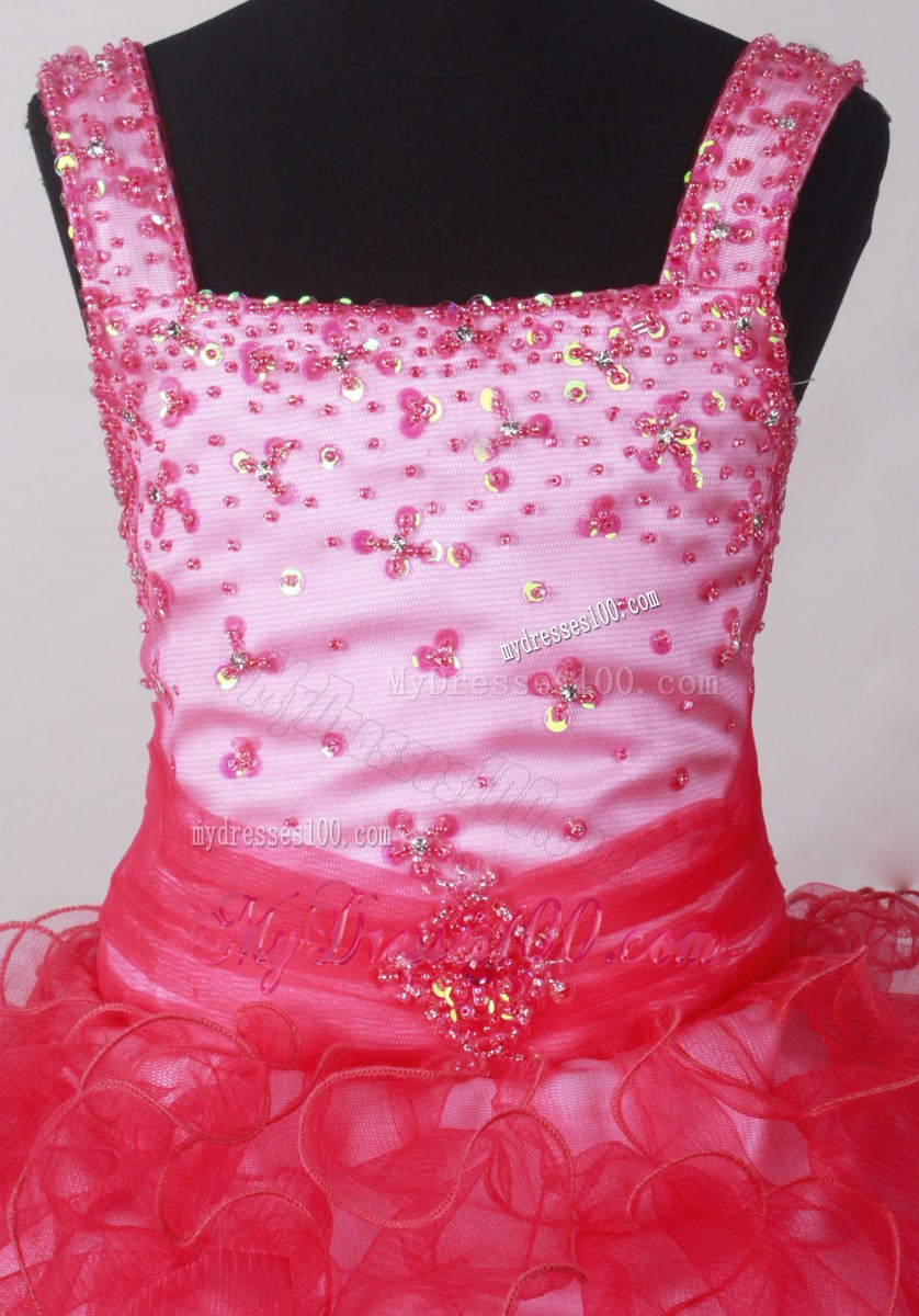 Coral Red Straps Beading Ruffles Organza Little Girl Pageant Dresses