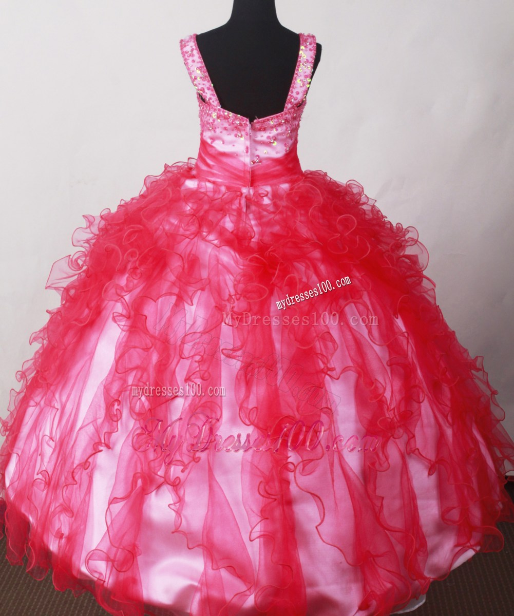 Coral Red Straps Beading Ruffles Organza Little Girl Pageant Dresses
