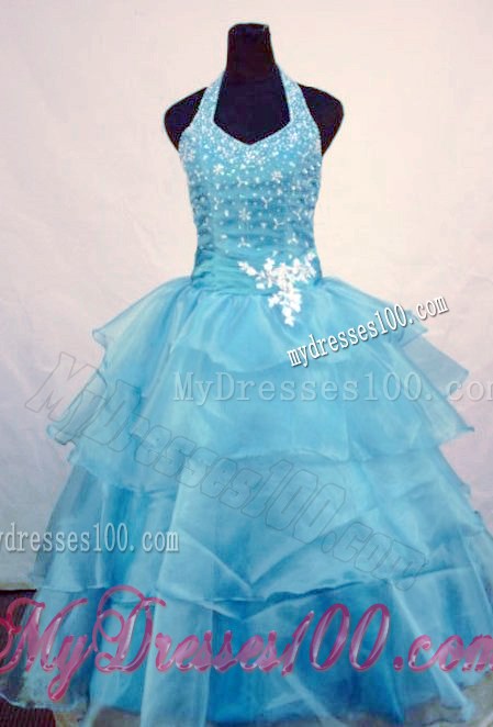 Ball Gown Halter Top Beading Little Girl Pageant Dresses Light Blue