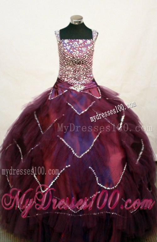 Custom Made Square Neckline Burgundy Beaded Decorate Bodice Flower Girl Pageant Dress