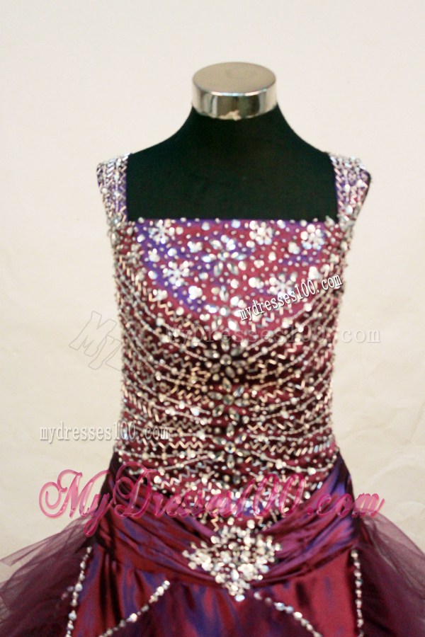 Custom Made Square Neckline Burgundy Beaded Decorate Bodice Flower Girl Pageant Dress