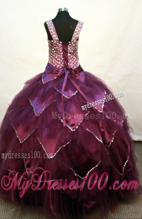 Custom Made Square Neckline Burgundy Beaded Decorate Bodice Flower Girl Pageant Dress
