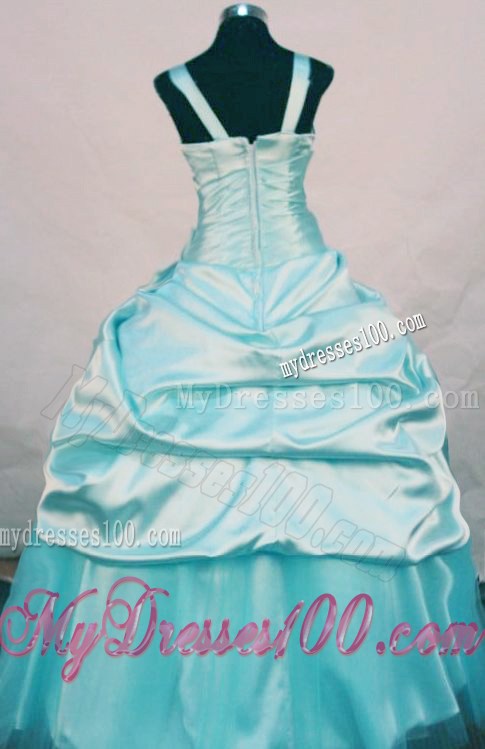 Straps Aqua Blue Little Girl Pageant Dresses With Hand Made Flowers