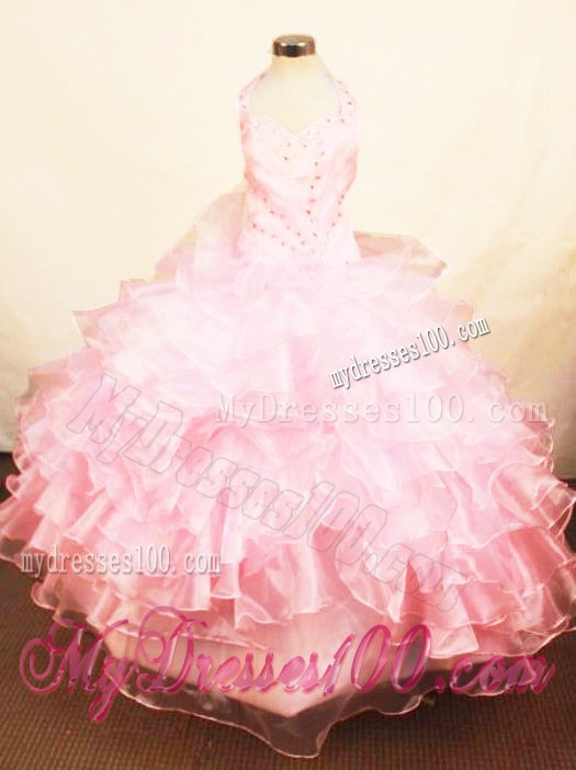Customize Halter Top Baby Pink Beading Little Girl Pageant Dresses