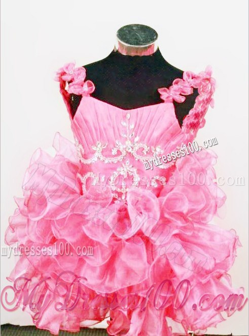 Cute Straps Mini-length Hot Pink Beading Little Girl Pageant Dresses