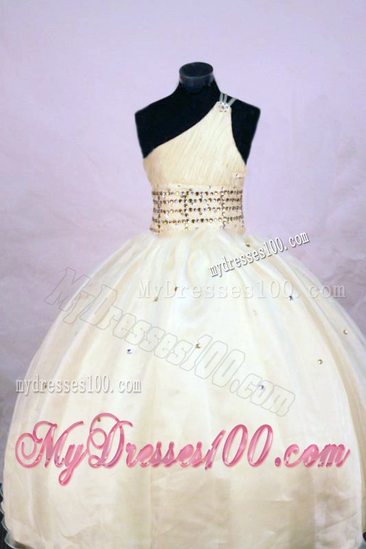 Cute Ball Gown One Shoulder Yellow Beading Little Girl Pageant Dresses