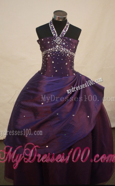 Dark Purple Beaded Decorate Princess Halter Neckline Flower Girl Pageant Dress