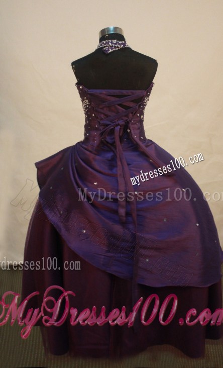 Dark Purple Beaded Decorate Princess Halter Neckline Flower Girl Pageant Dress