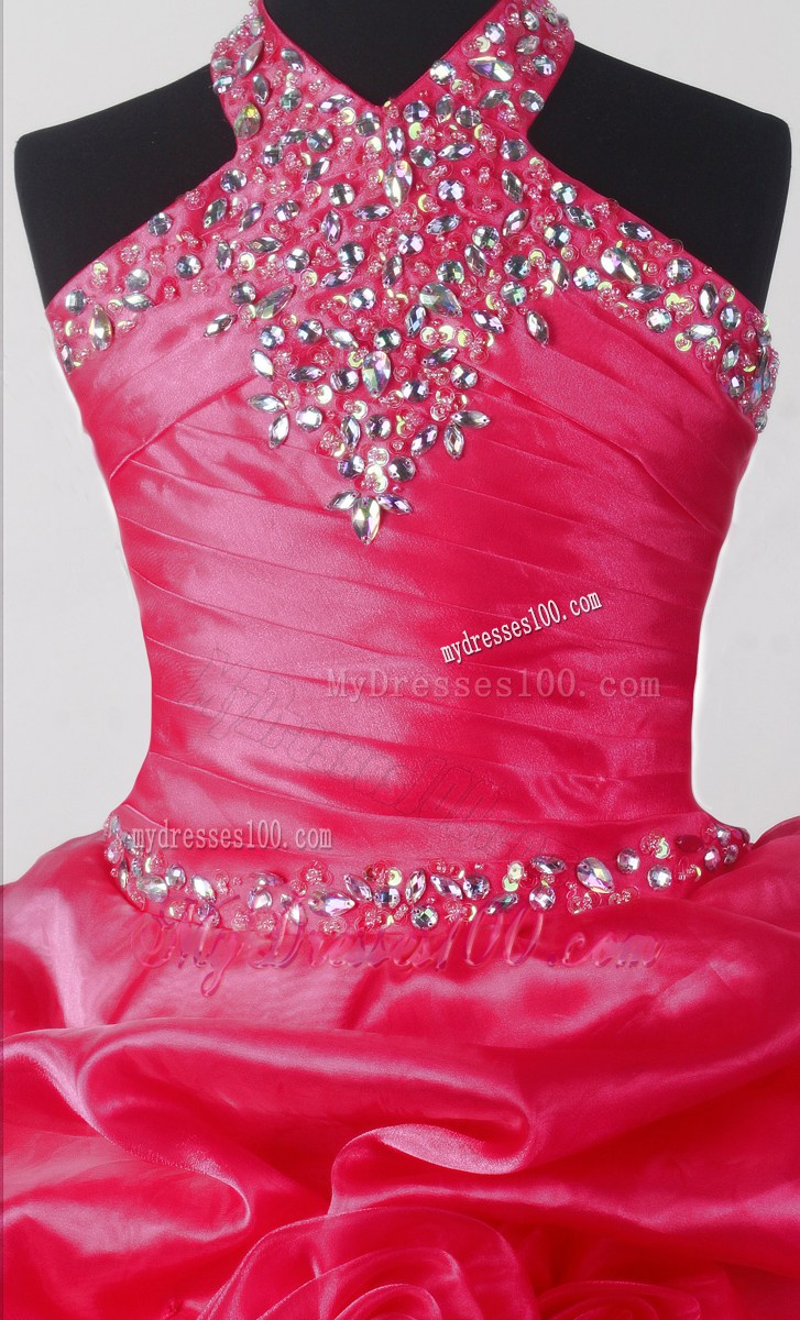 Discout Beading Hand Made Flower Ball Gown Little Gril Pageant Dress Halter Top Floor-length