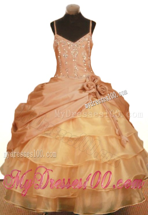 Elegant Hand Made Flowers Little Girl Pageant Dresses Ball Gown Straps Ruffled Layered Beading