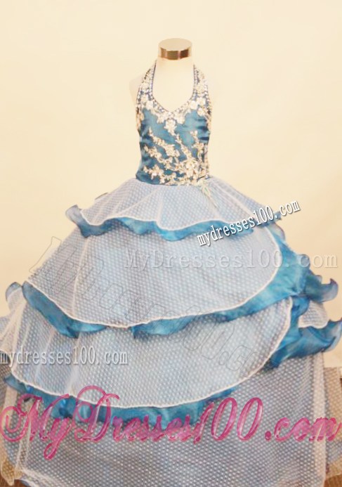 Elegant Ruffled Layered Little Girl Pageant Dress Ball Gown Halter Top Appliques