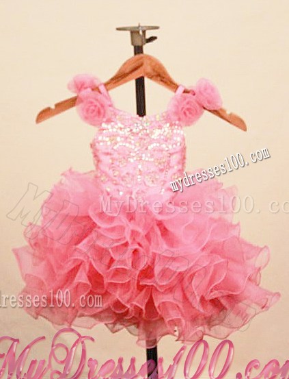 Elegant Ruffles Baby Pink Little Girl Pageant Dress With Hand Made Flowers Scoop Neck