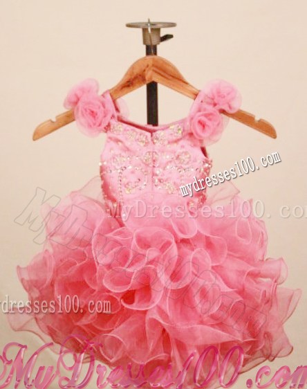 Elegant Ruffles Baby Pink Little Girl Pageant Dress With Hand Made Flowers Scoop Neck