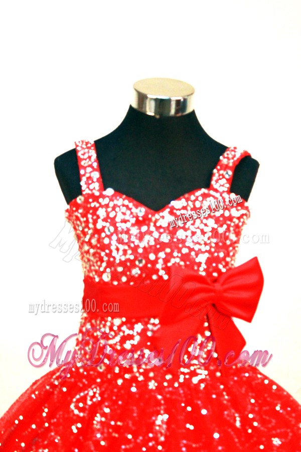 Elegant Sequin Red Flower Girl Pageant Dress With Belt and Beaded Decorate