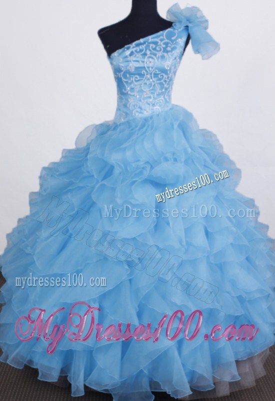 Exclusive Ball Gown Little Girl Pageant Dress One Shoulder Floor-length Aqua Blue Organza Beading