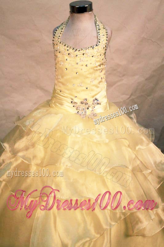 2013 Fashion Exquisite Beading Halter Yellow Little Girl Pageant Dresses