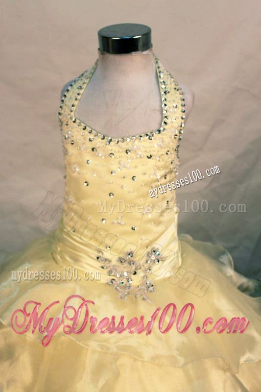 2013 Fashion Exquisite Beading Halter Yellow Little Girl Pageant Dresses