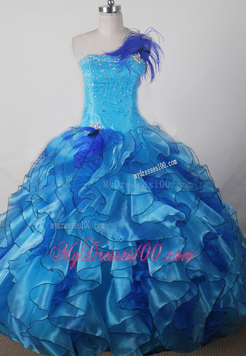 Blue Beading and Ruffles Ball Gown Strapless Floor-length Little Girl Pageant Dress