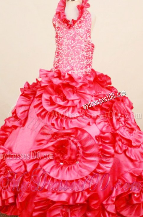 Exquisite Coral Red Little Girl Pageant Dresses with Halter Appliques