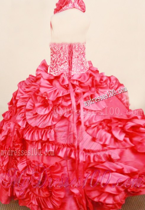 Exquisite Coral Red Little Girl Pageant Dresses with Halter Appliques