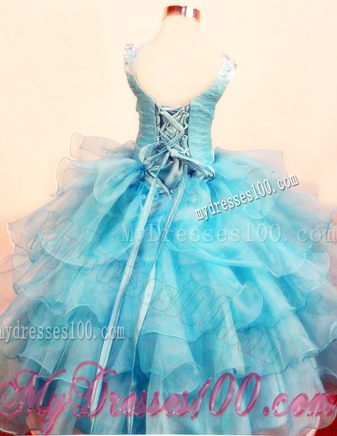 Baby Blue Little Girl Pageant Dresses with Ruffles Layered Scoop Lace