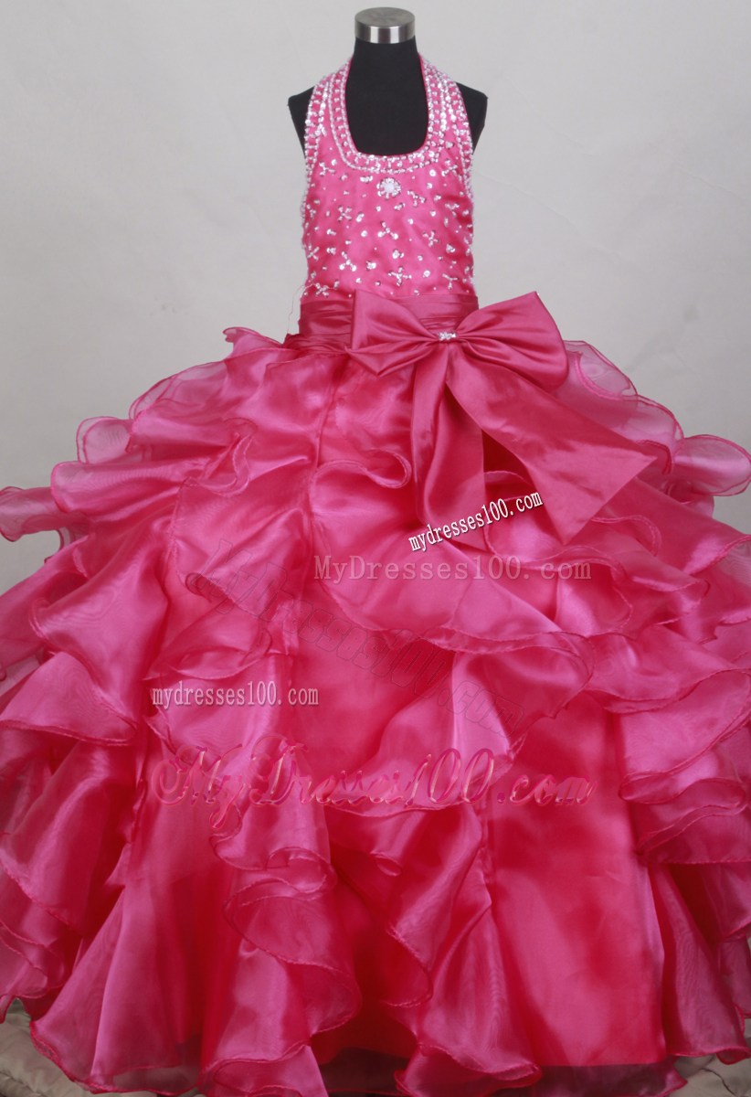 Fushsia Flower Girl Pageant Dress With Halter Neckline Beaded Decorate Bodice
