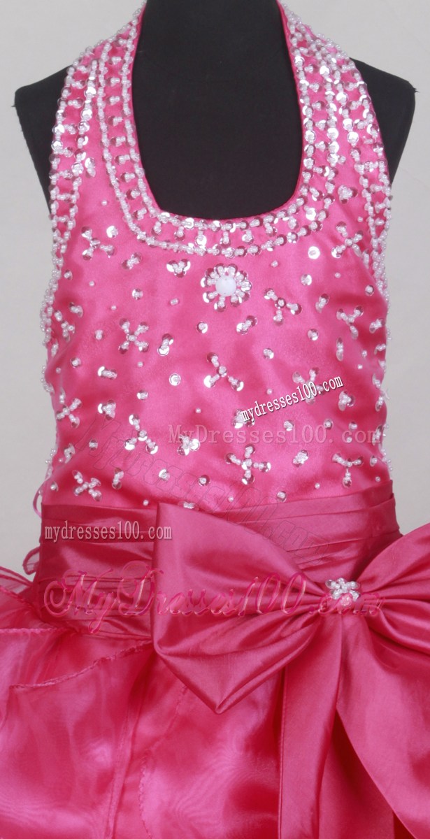 Fushsia Flower Girl Pageant Dress With Halter Neckline Beaded Decorate Bodice