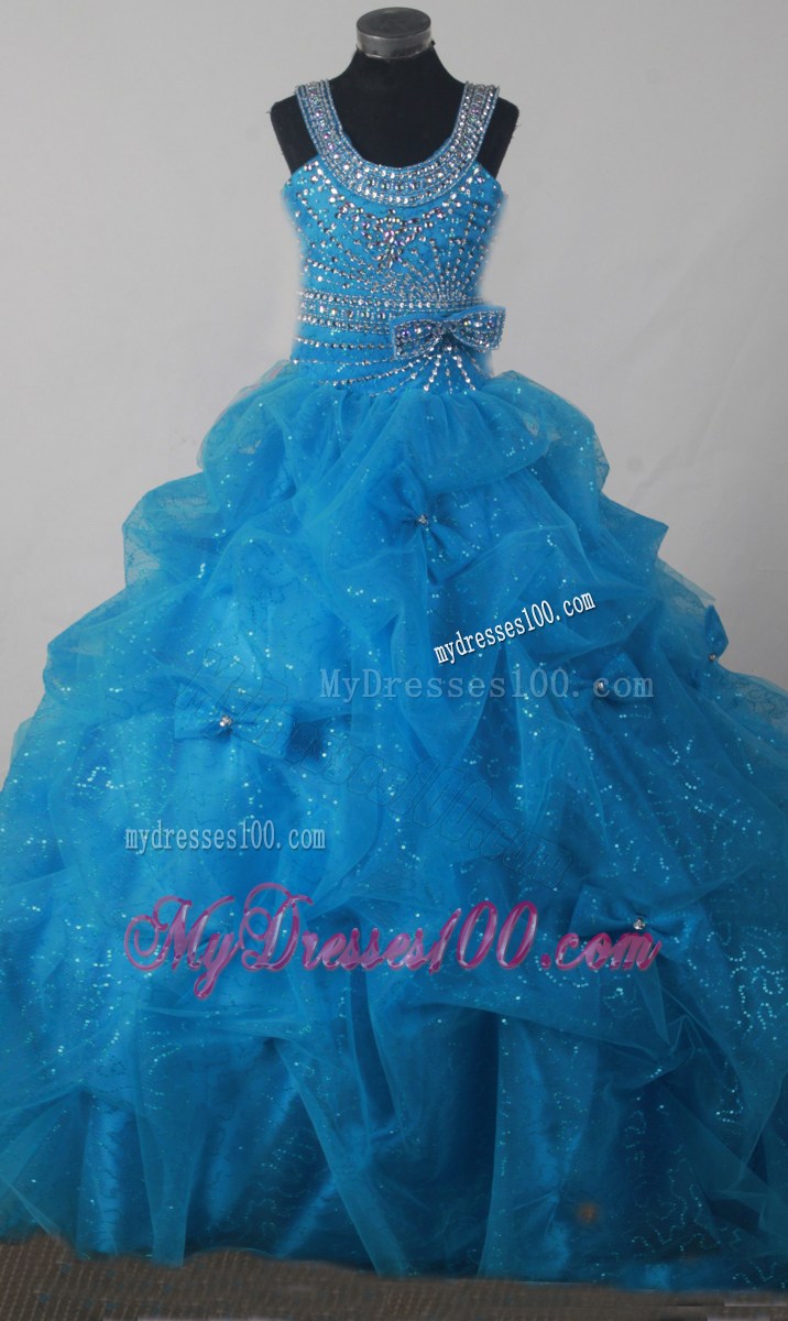 BLue Beading Pick-ups Little Girl Pageant Dress Ball Gown Scoop Floor-length