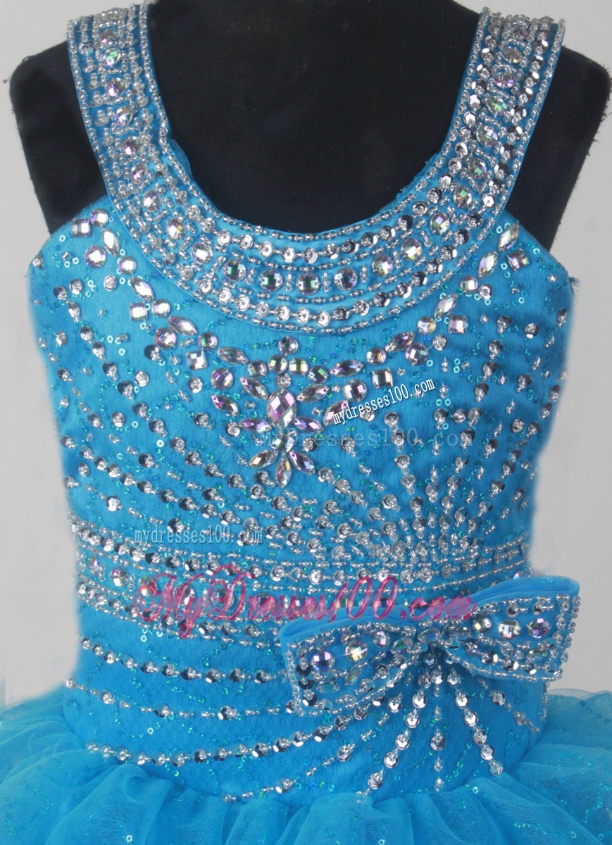 BLue Beading Pick-ups Little Girl Pageant Dress Ball Gown Scoop Floor-length